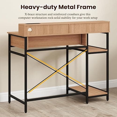 SFAREST Computer Desk, Industrial Laptop Writing Desk with Monitor Stand, Drawers & Storage Shelves, Wooden PC Study Work Table for Bedroom Study Office(Natural,106 x 48 x 90cm) thumbnail 5