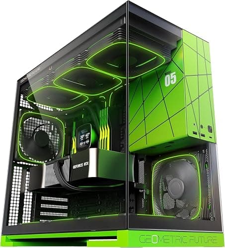 Geometric Future M5 Tempered Glass Mid Tower, E-ATX/ATX Gaming Case, 1.2mm Steel, Type C, Toolless Panels, Support 420/360 Radiator, ARGB PWM 140m Fan x 5 Pre-Installed, Black/Green, GEO-M5F-BNY - Image 1
