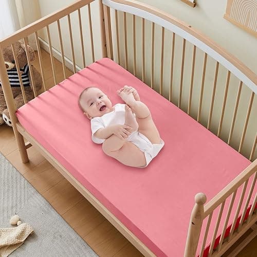 KKJIAF 1 Pcs Light Pink Baby Crib Sheets, Fitted Crib Sheet for Boys Girls - 28x52x8 Inches Viscose Derived from Bamboo, Breathable & Soft thumbnail 2