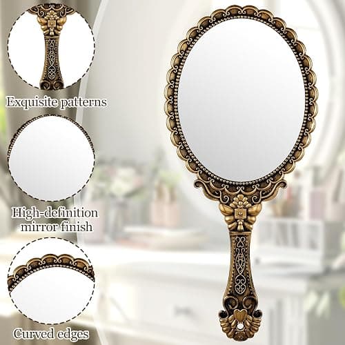 Vintage-Handspiegel Mit Griff, Eleganter Schminkspiegel, Tragbarer Reise-Handspiegel Aus Kunststoff Für Damen, Ideal Für Make-Up Auf Reisen, Partys Und Als Schreibtischaccessoire, Bronze thumbnail 4