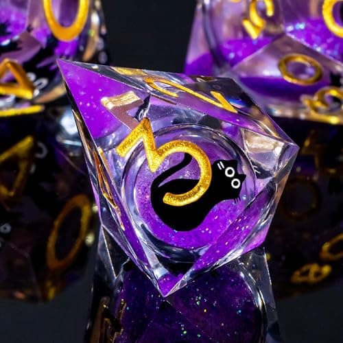 Roycevon Resin DND Dice Set with Gift Box, 7Pcs Liquid Core Cat D&D Dice, Cute Dungeons Dragons D and D Dice, Sharp Edge Role Playing Game Dice D20 D12 D10 D8 D6 D4, Purple thumbnail 5