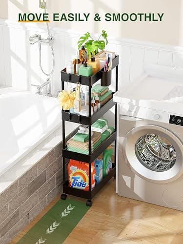 LEHOM Slim Rolling Storage Cart - 4 Tiers Bathroom Organizer Utility Cart Slide Out Storage Shelves Mobile Shelving Unit for Kitchen, Bedroom, Office, Laundry Room, Small Narrow Spaces（7.1" W+Black） thumbnail 5