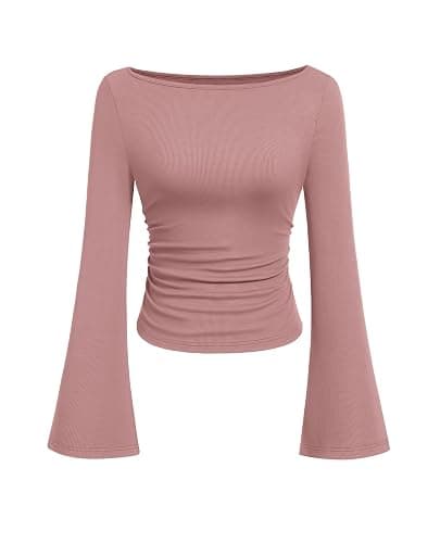 PRETTYGARDEN Women's Long Sleeve Shirts 2025 Fall Crop Going Out Tops Casual Boat Neck Bell Sleeve Ribbed Ruched Y2K Clothes - Image 1