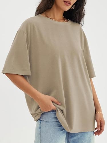 ATHMILE Womens Oversized T Shirts Loose Fit Crewneck Short Sleeve Tops Summer Casual Blouse Y2K 2025 Basic Tee Beach - Small - Khaki thumbnail 4