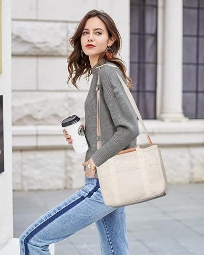 Canvas Tote Bag with Multi-Pocket for Women Large Crossbody Shoulder Handbag Everything Tote Bag with Compartments - Large - Beige thumbnail 2