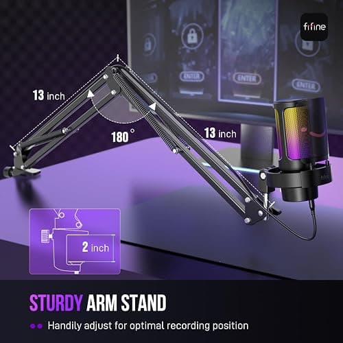 FIFINE USB Gaming Microphone Kit, PC Streaming Mic with RGB Lights, Mute, Gain Knob, Metal Boom Arm for Recording Podcast, Condenser Computer Microphone Set Compatible with PS4/PS5-AmpliGame A8T thumbnail 6