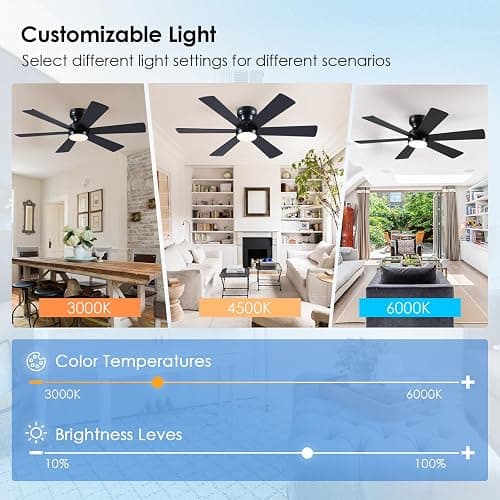 Asyko Ceiling Fans with Lights,46" Low Profile Ceiling Fan with Light and Remote Control,Flush Mount, Reversible, Dimmable, Noiseless, Black Ceiling Fan for Bedroom thumbnail 5