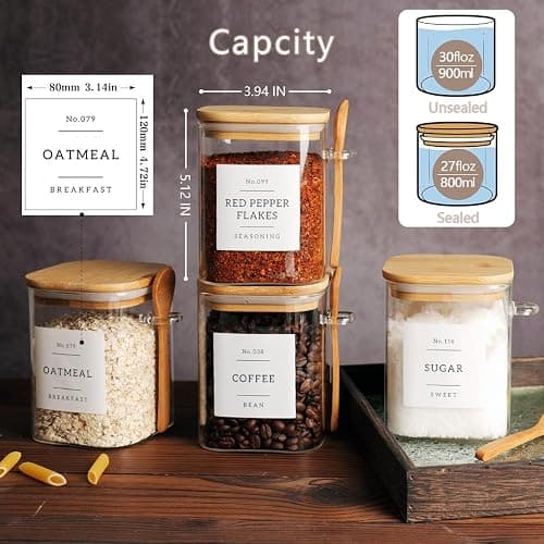 CZZGSM Set of 4 Square Glass Jar with Bamboo Lids and Spoons – Airtight 27 oz Borosilicate Glass Food Storage Contaienrs with 132 Kitchen Pantry Labels for Coffee, Tea, Sugar thumbnail 2