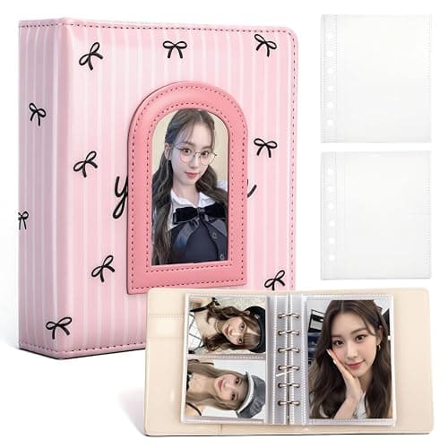 Jaloro Photocard Binder Pink Bows Kpop Binder Collector Album Idol Display Book with 60 Card Slots 10 Postcard Slots PU Leather Cover with Clear Sheet Protectors Fans Gift Merchandise for Collection - Image 1