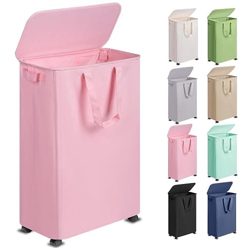 Vincona Slim Laundry Hamper with Lid and Wheels, Small Rolling Laundry Basket with Handle for Small Spaces, Tall Dirty Clothes Hampers for Dorm, Bathroom and Bedroom, 75L, Pink - Image 1