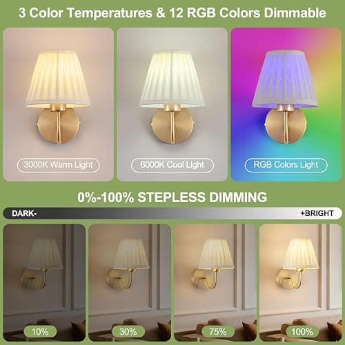 Vintage Battery Operated Wall Sconces Set of 2, Pleated Fabric Shade Gold Wall Lamp with Remote Control, Cordless Rechargeable Wall Sconces Fixtures for Bedroom, Living Room, Beside (2 Bulbs Included) thumbnail 5
