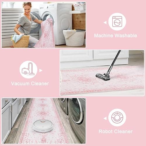 Area Rug - 3x5 Vintage Pink Honeycomb Non Slip Backing Area Rugs Soft Faux Wool Carpet Foldable & Machine Washable Rugs for Living Room Bedroom Dining Room Home Office - 3'x5' - Pink/Cream thumbnail 6