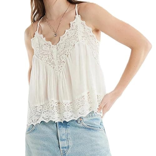 Women’s Lace Trim Cami Shirt Flowy Spaghetti Strap Sleeveless Tank Top Boho Lace V-Neck Camisole - Image 1