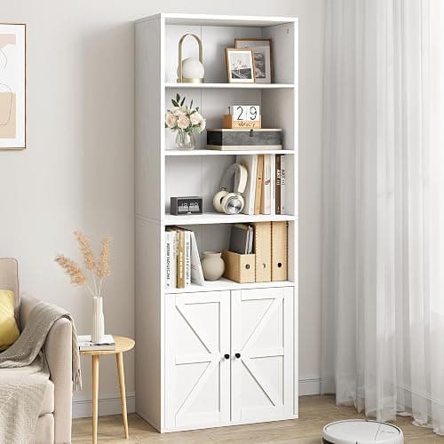 IDEALHOUSE Bookcase with Doors Industrial Bookshelf 11.8in Depth Display Storage Shelves 71.4in Tall Farmhouse Bookcases Wooden 6 Shelf Bookshelvels for Bedroom, Living Room, Home Office (White) - White - Image 1