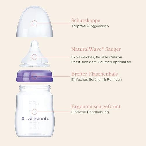 Lansinoh Babyflaschen Starter Set - Babyflasche in 160 ml & 240 ml - NaturalWave Sauger Größe S, M, L - neues kompaktes Design für verbesserte Stabilität - mit stapelbarem Deckel thumbnail 7