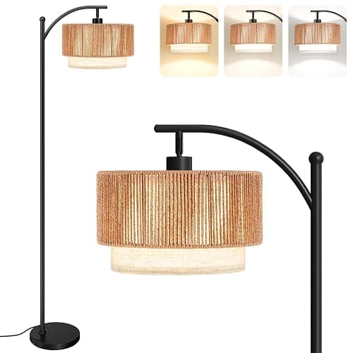 SUNMORY Floor Lamps for Living Room with 12W LED Bulb, Arc Floor Lamp with 3 Color Temperatures, Farmhouse Floor Lamps with Adjustable Rattan & Fabric Shades, Boho Standing Lamp for Bedroom, Corner - Image 1