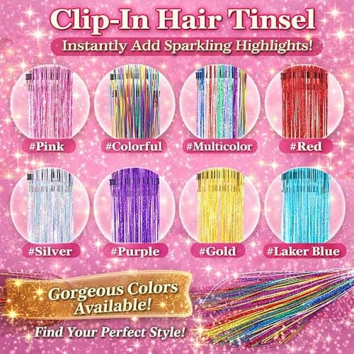 Hair Tinsel 12 Pcs Clip in Hair Tinsel Kit for Girls 22 Inch Glitter Fairy Tinsel Hair Extensions Colorful Heat Resistant Party Festival Accessories for Women (pink/multicolor-12 Pcs) thumbnail 6