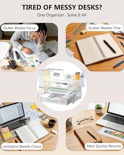 WALI Desk File Organizer, 4 Tier Desktop Paper Letter Tray Organizer with Drawer and 2 Pen Holders, Office Desk Accessories & Workspace Organizers for Office, Home Supplies(DO005DH-W), 1 Pack, White thumbnail 4