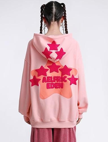 Aelfric Eden Womens Graphic Hoodies Pink Star Print Hoodie Unisex Oversized Hoodies Long Sleeve Pocket Pullover thumbnail 5
