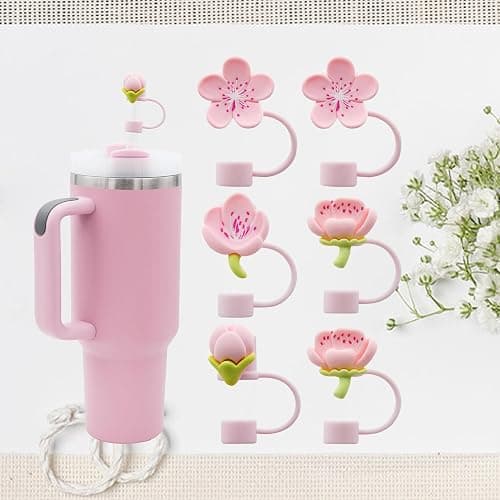 Meitesti Pfirsichblüten-Stroh-Abdeckkappe für Stanley-Becher, niedlicher Strohhalm-Aufsatz, 10 mm, 6 Stück, Silikon, personalisierbar, 6 Stück, Rosa - Image 1