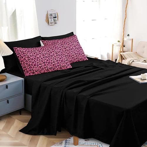 Leopard Print Comforter Queen Black and Pink Bedding Sets 8 Pcs Hot Pink Cheetah Animal Print Texture Wild Leopard Bed in A Bag with Comforter and Sheet Set thumbnail 6