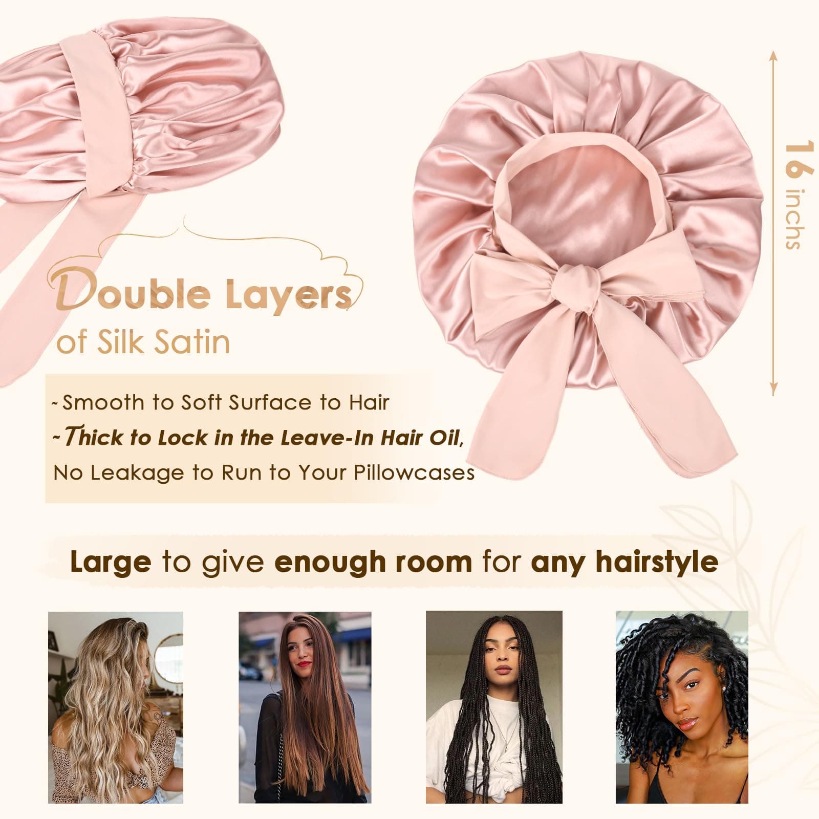 YANIBEST Satin Bonnet Silk Bonnet for Sleeping Hair Bonnet with Tie Band Head Wrap Bonnets for Black Women Curly Natural Hair, Blush Pink, Large thumbnail 2