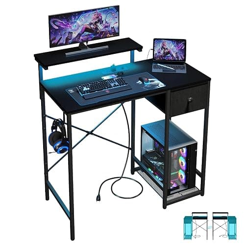 X-cosrack 33.5" Small Gaming Desk with LED Lights & Power Outlets, Drawers | Computer Desk with Fabric Drawer & Side Hook, Reversible Table with Monitor Stand for Game Room, Bedroom, Carbon Fiber Black - Image 1