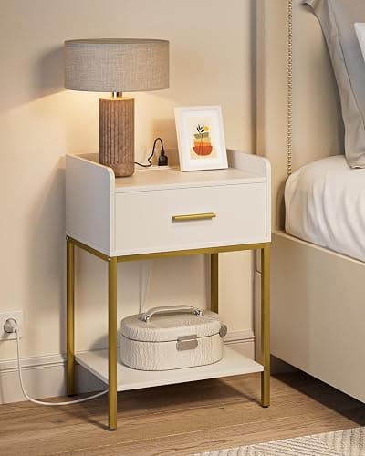 Masupu Nightstand with Charging Station,3-Tier Modern Bedside Night Stand with Storage Drawer and Shelf,Small End Side Table for Bedroom,Living Room,White thumbnail 6