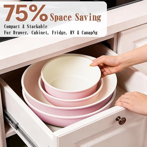 Umite Chef Pots and Pans Set Non Stick, 21 pcs Nonstick Ceramic Cookware Set, RV Kitchen Cooking Set with Detachable Handles, Oven Safe, Induction Cookware, Stackable, Pink, PFAS PFOA & PTFE Free thumbnail 6