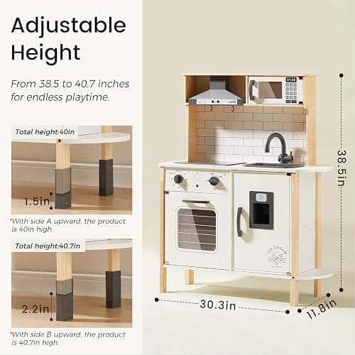 Tiny Land Play Kitchen for Kids, Wooden Kids Play Kitchen Playset Chef Pretend Play Set for Toddlers with Real Lights & Sounds, Toys Kitchen with 18 Pcs Toy Food & Cookware Accessories - White thumbnail 3
