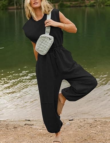 Flygo Womens Casual Jumpsuit Crewneck Cap Sleeve Long Wide Leg Pants One Piece Outfits Drawstring Romper with Pockets thumbnail 2