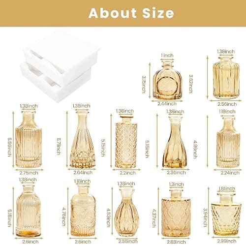 Gold Amber Glass Bud Vases Set of 12, Small Vases for Flowers | Mini Vintage Vases, Bud Vase in Bulk, For Wedding Decor, Single Flowers, Office and Home Table Flower Décor thumbnail 3