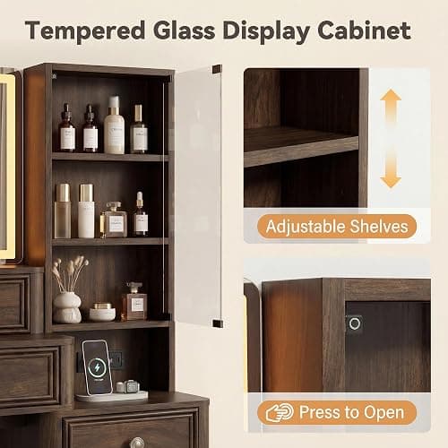 Furmax 48" Makeup Vanity Desk with Large Mirror and Lights,Big Wood Vanity Table with 5 Drawers＆Glass Storage Cabinet with Adjustable Shelves,Dressing Table with Charging Station for Bedroom (Walnut) thumbnail 7