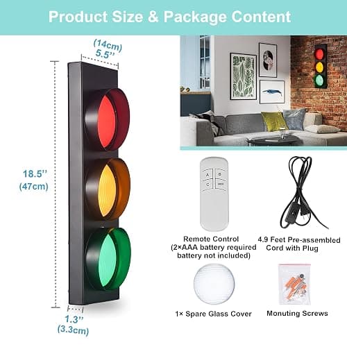 PANLAVIE Traffic Light Wall Lamp Remote Control Retro Kids Bedroom Stop Light, Plug in Industrial LED Wall Sconce, 18.5’’ Vintage Fun Signal Lights for Home Office Bar Garage Car Room Decor Christmas thumbnail 3