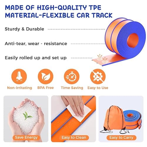 Flexible Race Track for Kids, Portable Flex Track with 4 Strong Suction Cups & 8 Scale Diecast Cars, Flexible Car Tracks for Kids, A Great Birthday Gifts for Boys & Girls Aged 3+ (Orange and Blue) thumbnail 6