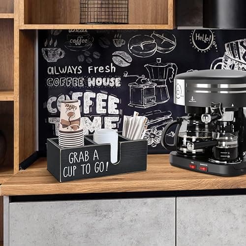 Cheeorry Coffee Station Organizer for Countertop, Cup and Lid Holder for Cup Lid Sleeve Pods Condiment, Wooden Disposable Cup Dispenser Holder for Coffee Bar Accessories Organizer and Storage thumbnail 7