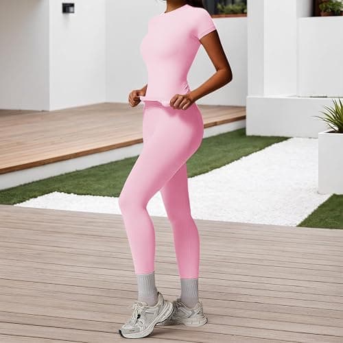 MAYROUND Gym Sets for Women 2 Piece Outfit Gym Scrunch Leggings and Short Sleeve Crop Top Set Seamless Yoga Tracksuits thumbnail 4