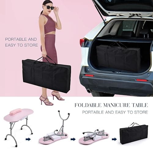 Joligrace Professional Foldable & Portable Manicure Table Nail Technician Desk Workstation 4 Lockable Wheels with Drawer Client Wrist Pad Free Carrying Bag Travel Nail Tech Spa Beauty Table Pink thumbnail 6