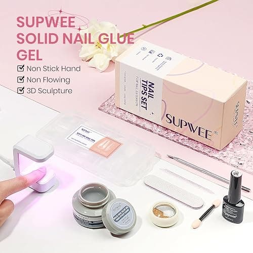 SUPWEE Solid Gel Nail Glue Set: 3d Gel Nail Art for Press On Nails with 240PCS Medium Coffin Gels Nail Tips Mini UV Lamp Nail Extension Home DIY Manicure for Women Girls thumbnail 2