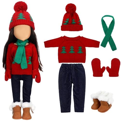 Bencailor 6 Pcs 18 Inch Christmas Doll Clothes and Accessories Winter Outfits Set Sweaters Trousers Hats Shoes Gloves for 18 Inch Doll Gifts(Red Green) - Image 1