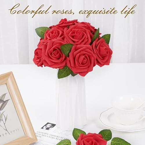 BLEUM CADE 16Pcs Artificial Flowers Fake Foam Roses with Stems for Wedding | Real Touch Red Boxed Foam Roses for DIY Bouquets Centerpieces Wedding Party Arrangement Bridal Shower Tables Decor thumbnail 5