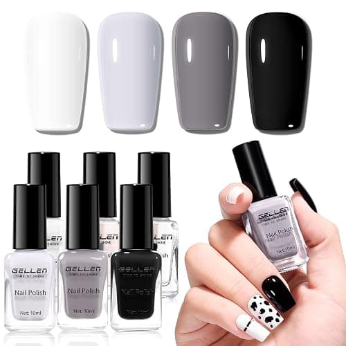 GELLEN Black White Gray Nail Polish 4-Color Set & Base Top Coat, Fall Winter Trendy Winter Black White Grey Regular Nail Polish Quick Air Dry Set for Women Home Salon, Hema Free, Toxin Free, TPO Free - Image 1