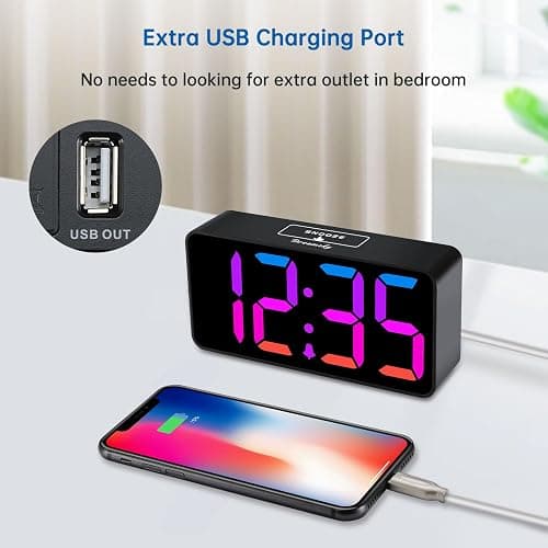 DreamSky Small Digital Alarm Clocks for Bedrooms - RGB Electric Alarm Clock for Kids Bedside Nightstand, Desk Clock with Large Numbers, Dimmer, Adjustable Alarm Volume, USB Port, USB-C Adapter Powered thumbnail 7