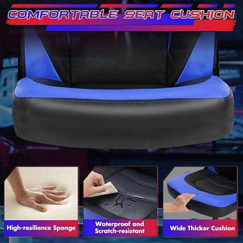 Sweetcrispy Computer Gaming Desk Chair - Ergonomic Office Executive Adjustable Swivel Task PU Leather Racing Chair with Flip-up Armrest for Adults, Kids, Men, Girls, Gamer, Black Blue thumbnail 4
