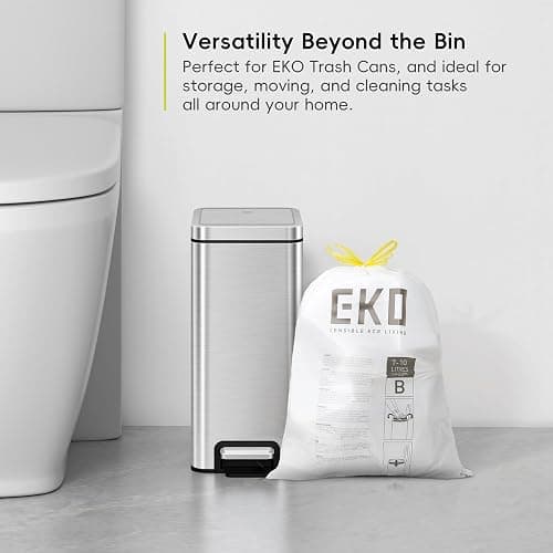 EKO 2.6 Gallon / 7-10 Liter, 80 Count Small Drawstring Trash Bags, Extra-Strong Unscented Garbage Bags, Easy-Dispense Roll for Kitchen & Household Use, Resists Tears, Leaks and Punctures, Code B White thumbnail 4