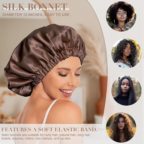 Satin Bonnet Silk Bonnet Hair Bonnet for Sleeping-Slouchy Beanie Hat Satin Sleep Cap for Women's Natural & Curly Hair(Brown) thumbnail 3
