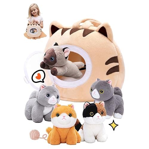 OUOZZZ Cat Stuffed Animal House with 5 Soft Cat Toys for Kids, Portable Gift Set - Image 1
