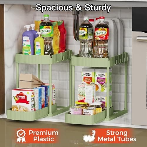 Ukeetap 2 Pack Multi-Purpose Pull-Out Storage Organizers, Under Sink Organizers and Storage for Bathroom & Kitchen, Under Cabinet Organizers and storage, 12.8 Inch, Green thumbnail 3