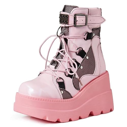 Tscoyuki Platform Ankle Boots for Women Chunky High Heel Booties Goth Round Toe Combat Boots Women Lace Up Motorcycle Wedges - Image 1