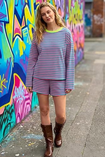 Opemiby Women 2 Piece Short Sets Outfit Casual Striped Long Sleeve Sweatshirt and Shorts Matching Lounge Set with Pocket thumbnail 2